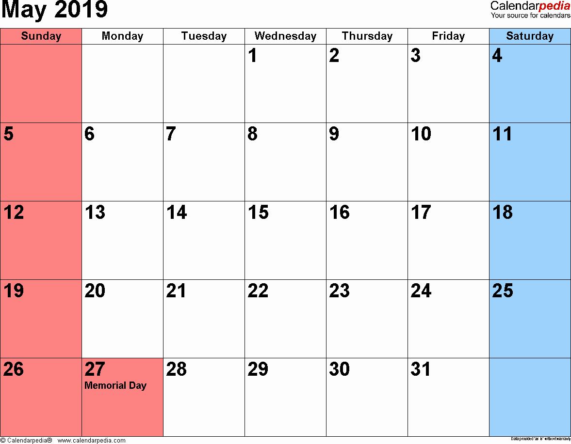 2019 Monthly Calendar Word Inspirational May 2019 Calendars for Word Excel &amp; Pdf