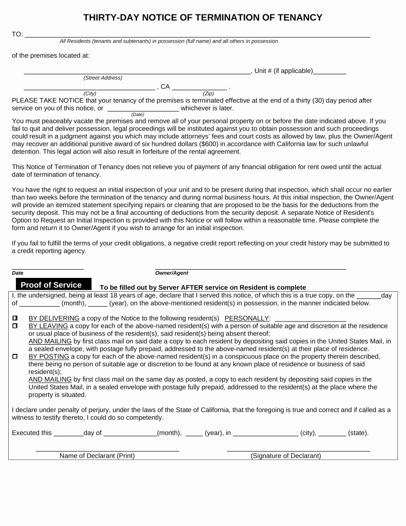 30 Day Eviction Notice form Beautiful California Lease Termination Letter form