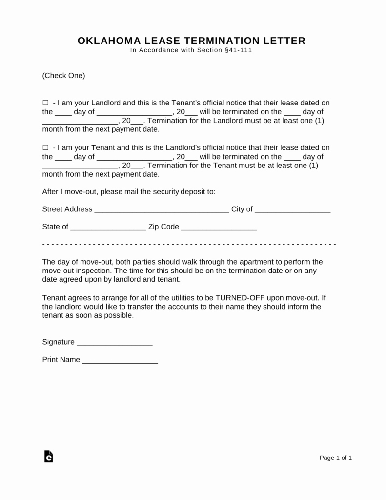 30 Day Eviction Notice form Elegant Oklahoma Lease Termination Letter 30 Day Notice