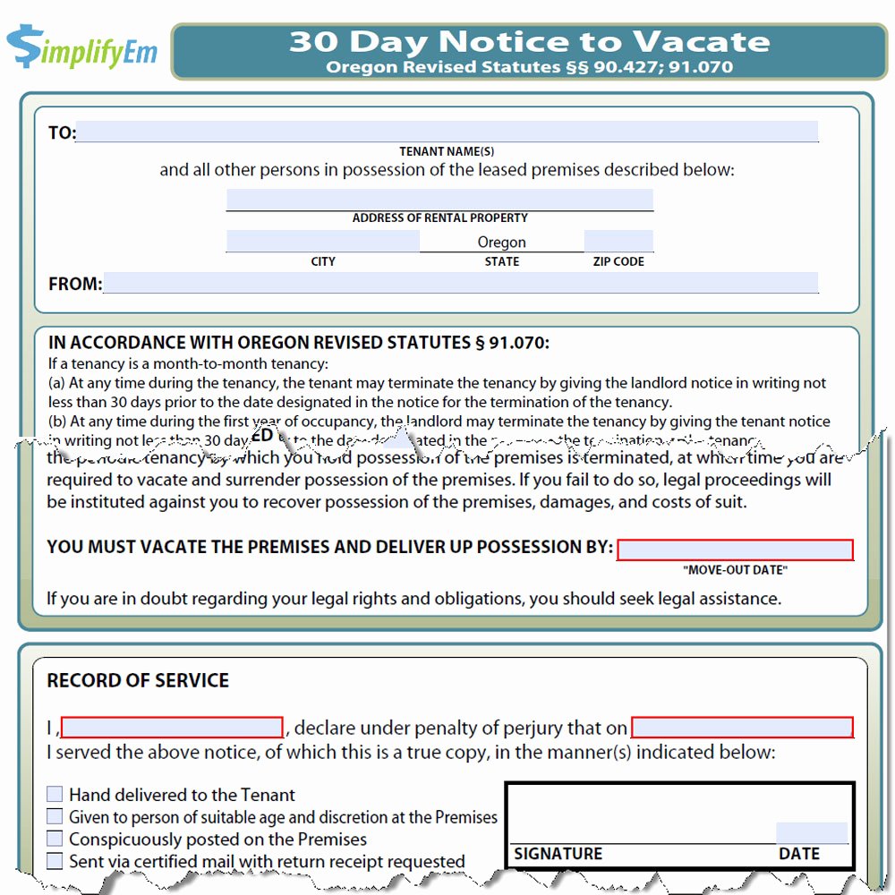 30 Day Eviction Notice form Elegant oregon Notice to Vacate