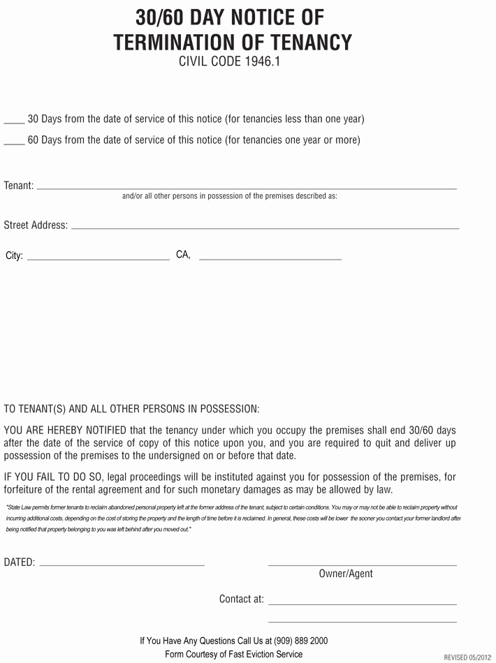 30 Day Eviction Notice form Lovely 30 60 Day Notice to Vacate Free Ca Eviction forms Letter