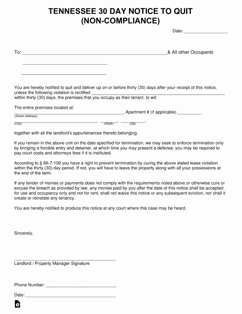 30 Day Eviction Notice form Unique Tennessee 30 Day Notice to Quit form