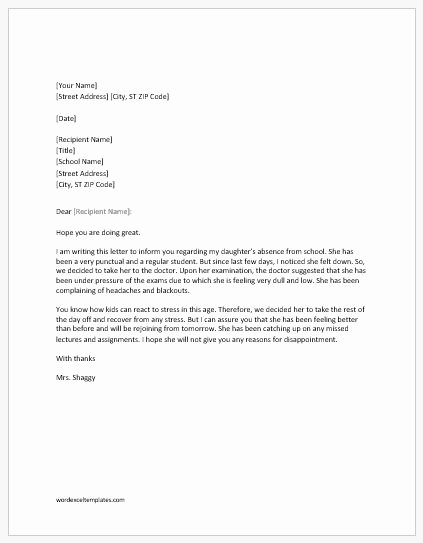 Absent Letter for School Luxury Absence Excuse Letters to School