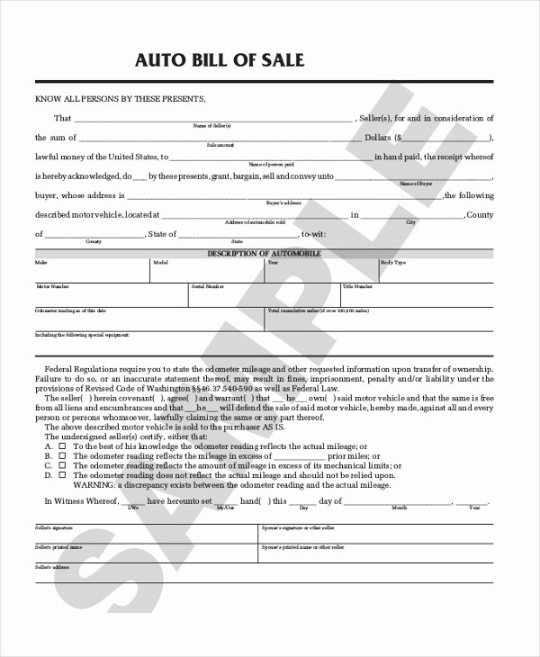 Basic Bill Of Sale Best Of Free 8 Sample Auto Bill Of Sale forms