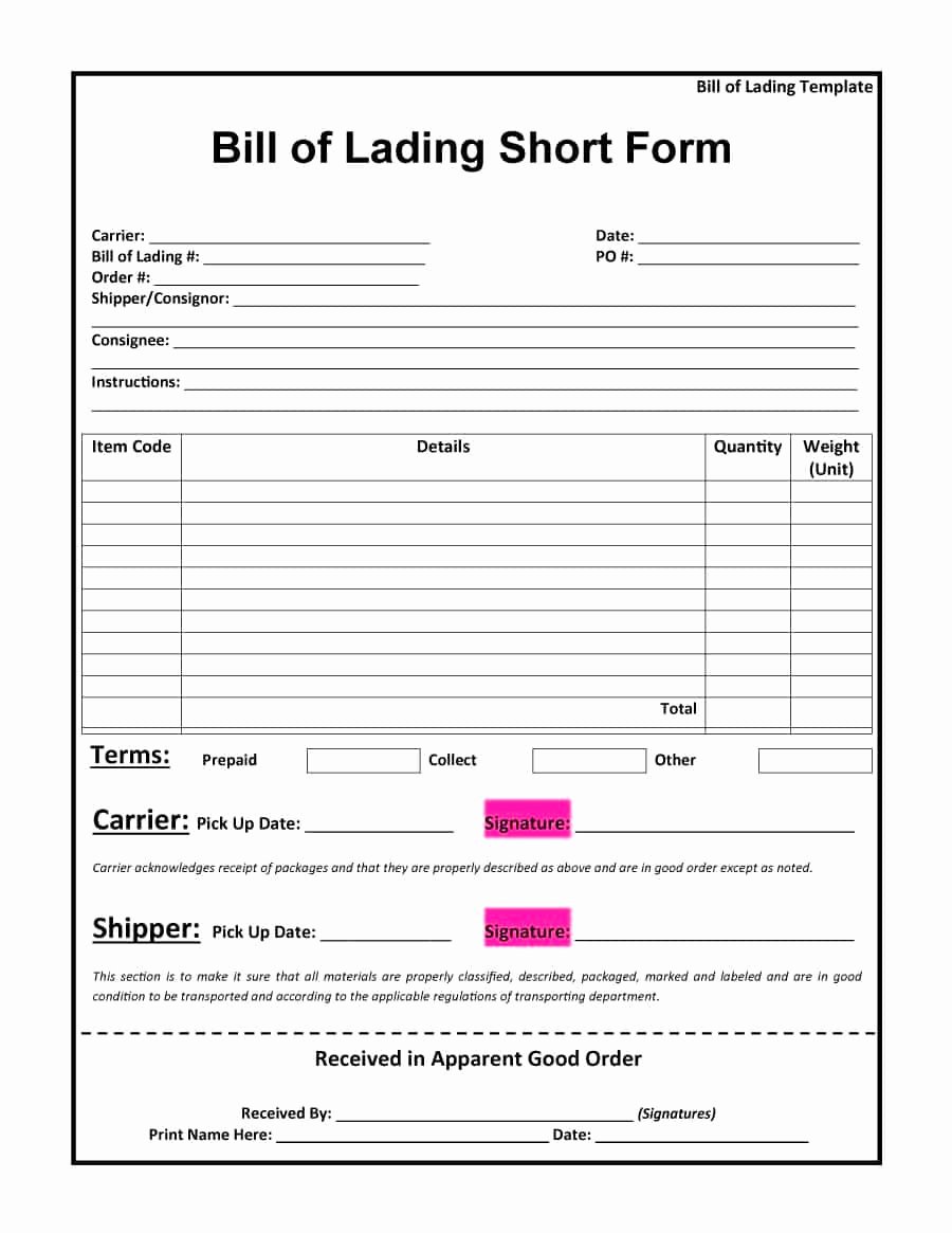 Bill Of Lading Sample Beautiful Bill Of Lading Short form Bill Of Lading form