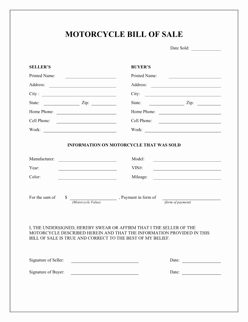 Bill Of Sale Free Fresh Free Printable Motorcycle Bill Of Sale form Template