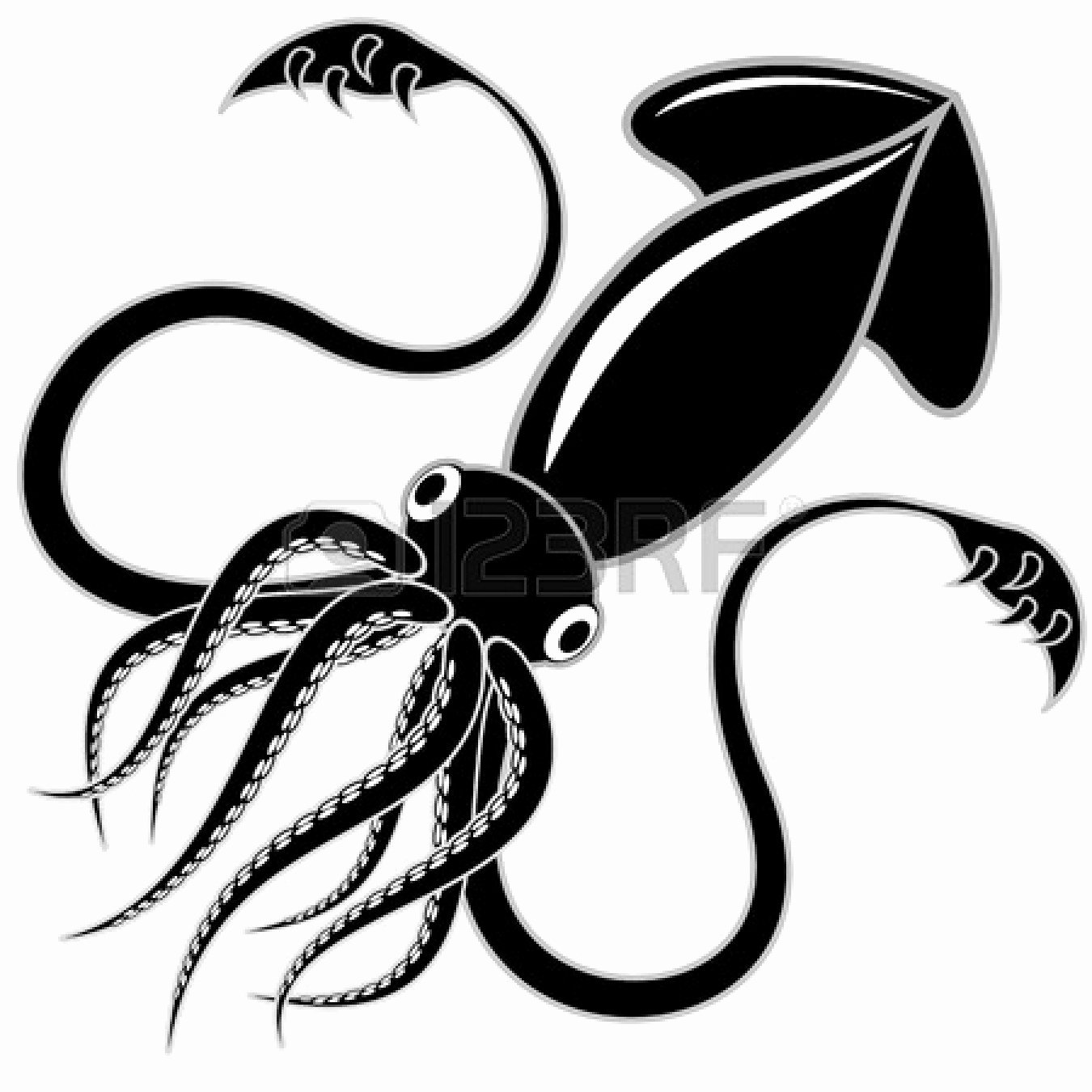 Black and White Illustration Beautiful Squid Silhouette