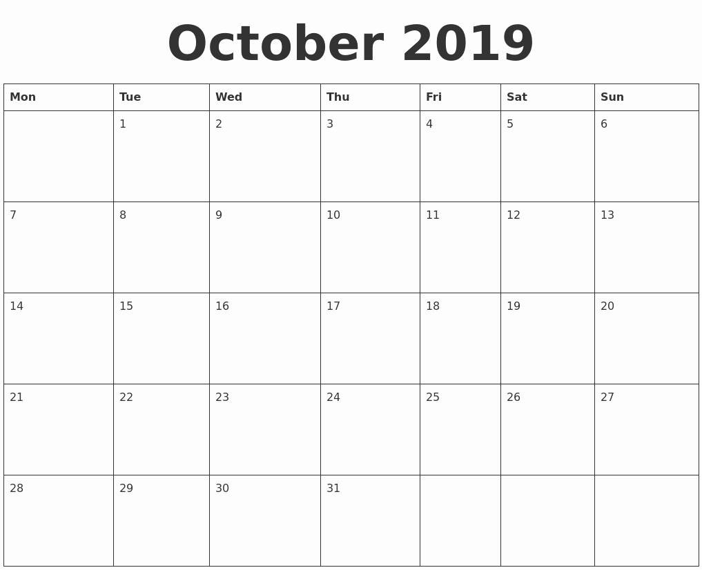 Blank Calendar Template 2019 Fresh October 2019 Blank Calendar Template