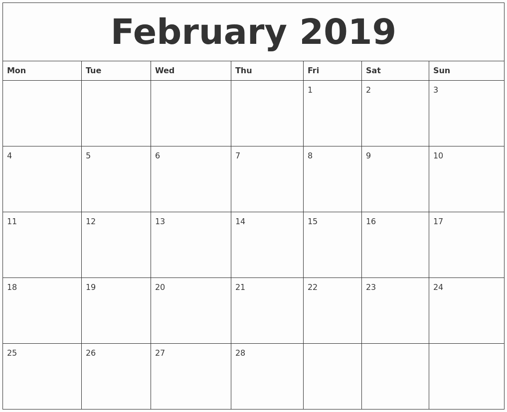 Blank Calendar Template 2019 Inspirational February 2019 Blank Monthly Calendar Template
