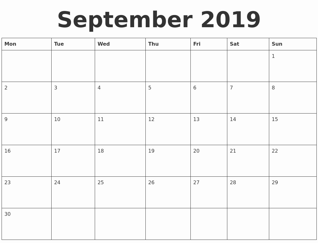 Blank Calendar Template 2019 Lovely September 2019 Blank Calendar Template