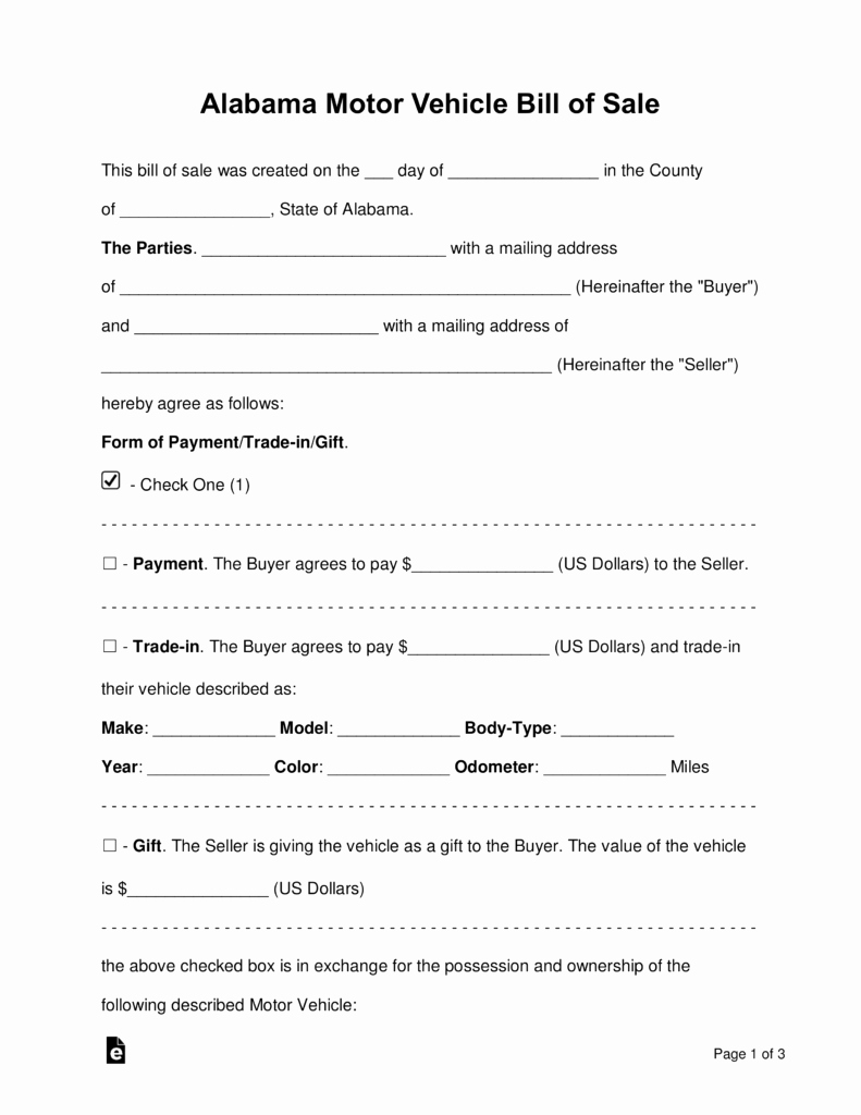 Car Bill Of Sale form Awesome Free Alabama Motor Vehicle Bill Of Sale form Word