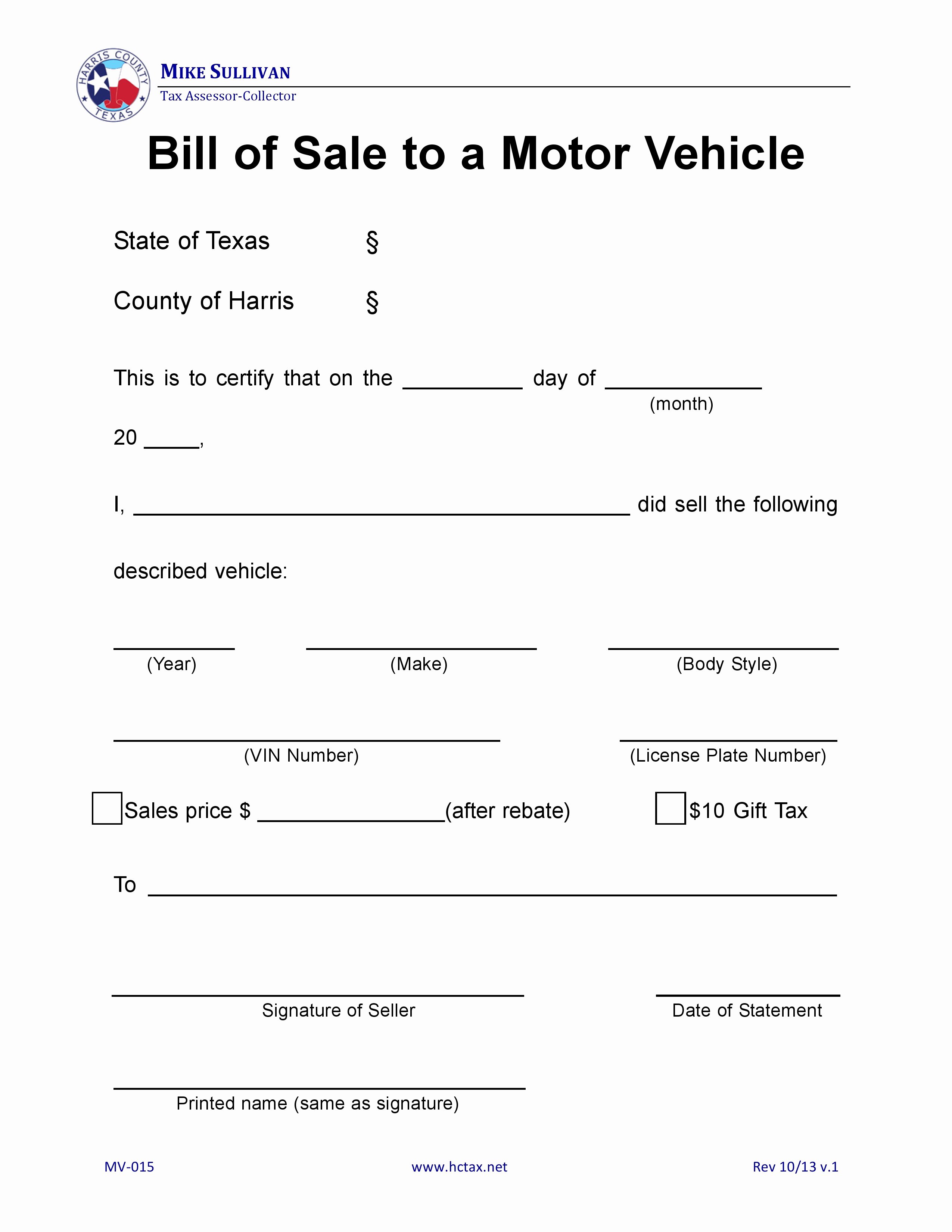 Car Bill Of Sale form Beautiful Free Harris County Texas Motor Vehicle Bill Of Sale Mv