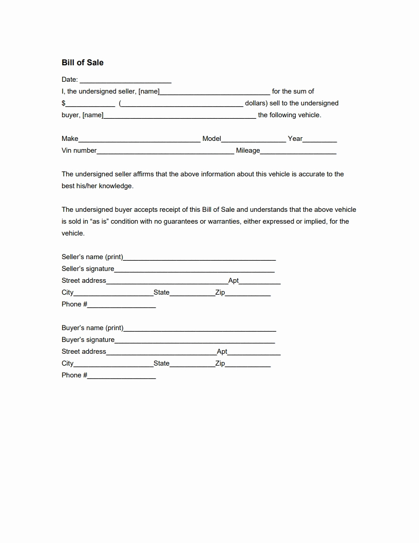 Car Bill Of Sale form Best Of Vehicle Bill Of Sale form Free Download Edit Fill