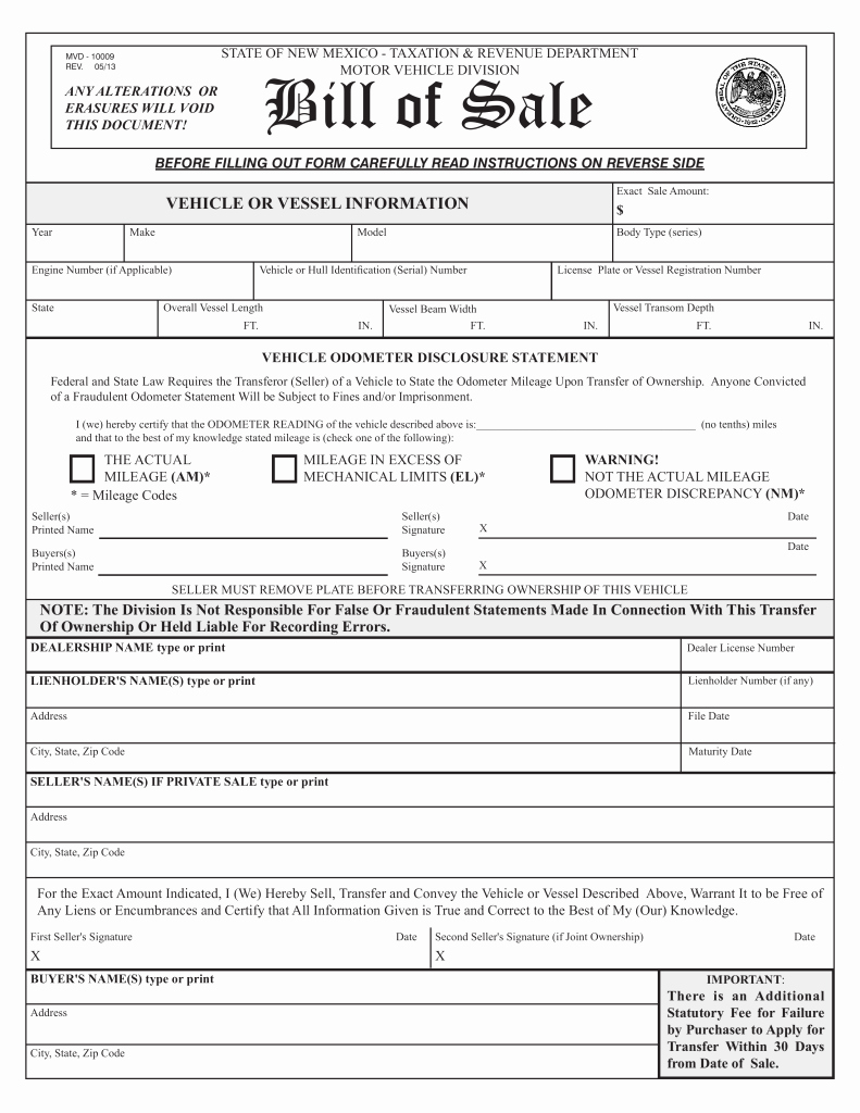 Car Bill Of Sale form Lovely New Mexico Vehicle Vessel Bill Of Sale