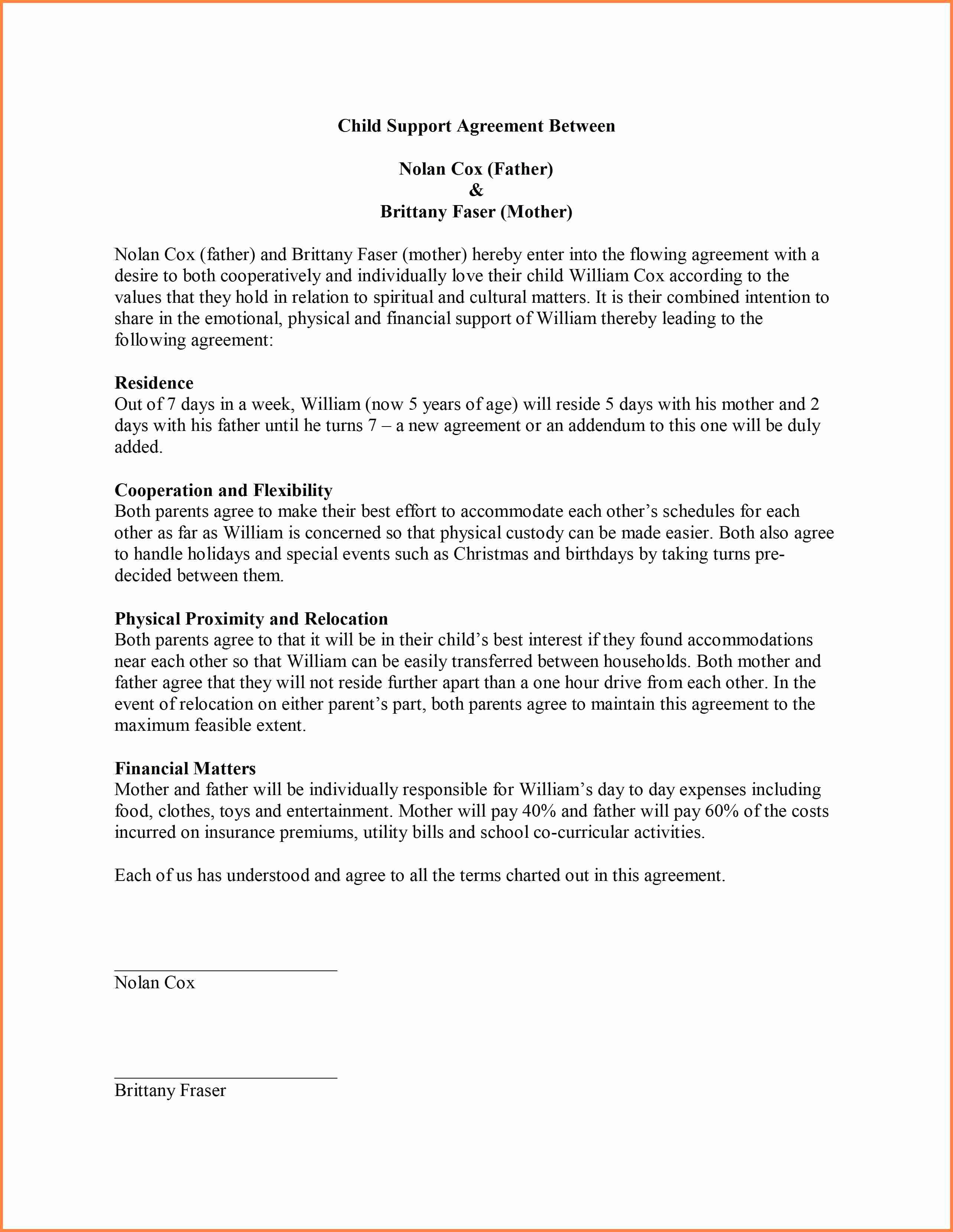 Child Support Agreement Template Inspirational 9 Sample Child Support Agreement Letter Template