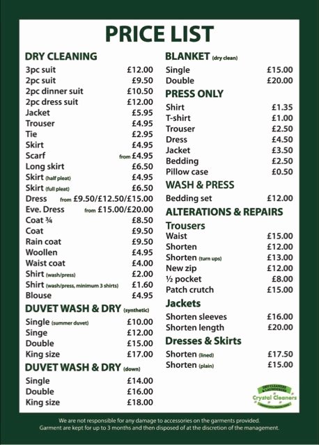 Cleaning Services Price List Template Beautiful Price List for Dry Cleaning Staines Surrey Crystal