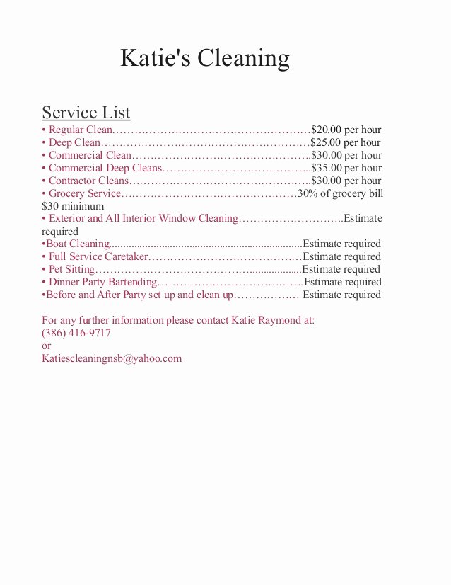 Cleaning Services Prices List Best Of Katies Price List
