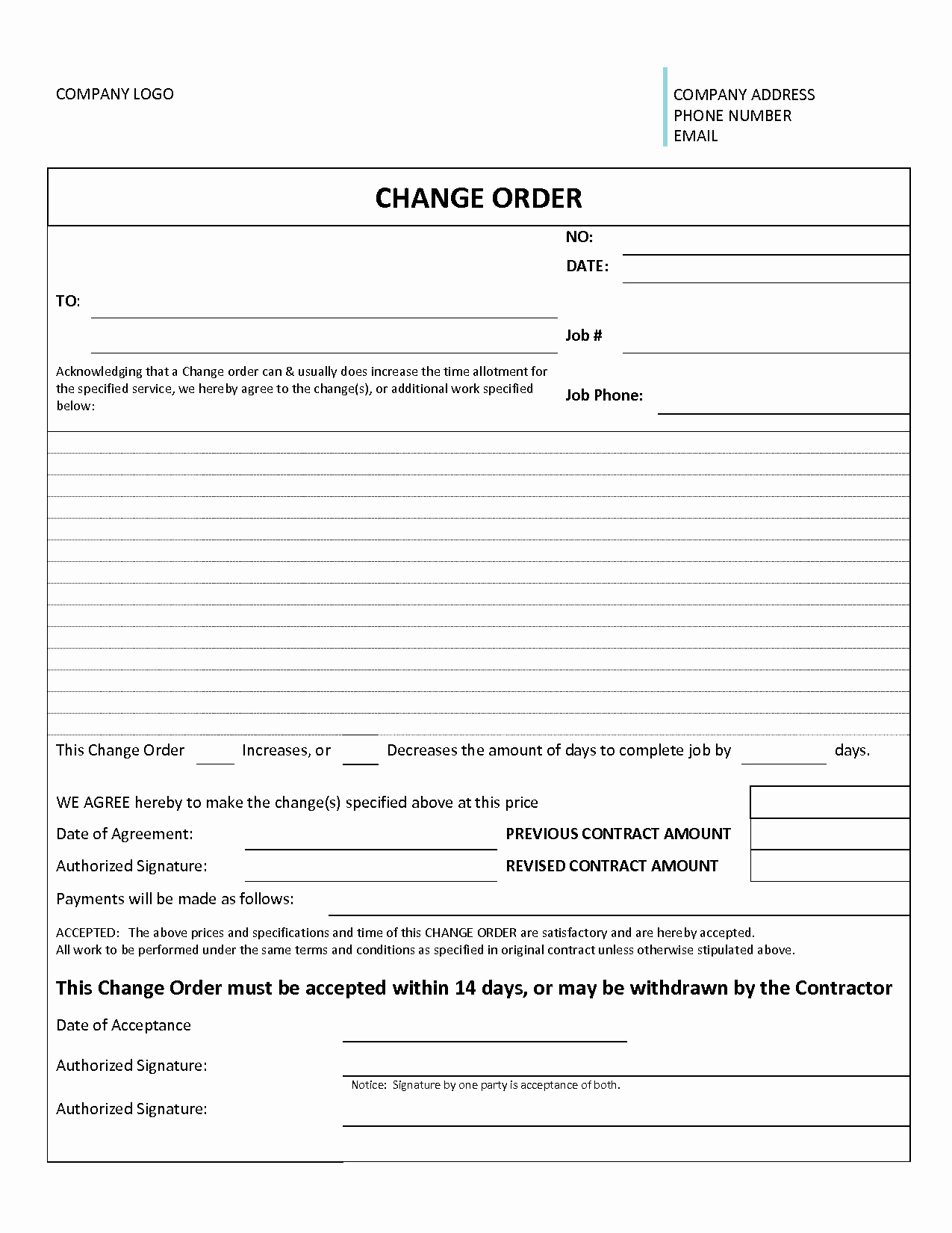 40 Construction Change Order Form Desalas Template