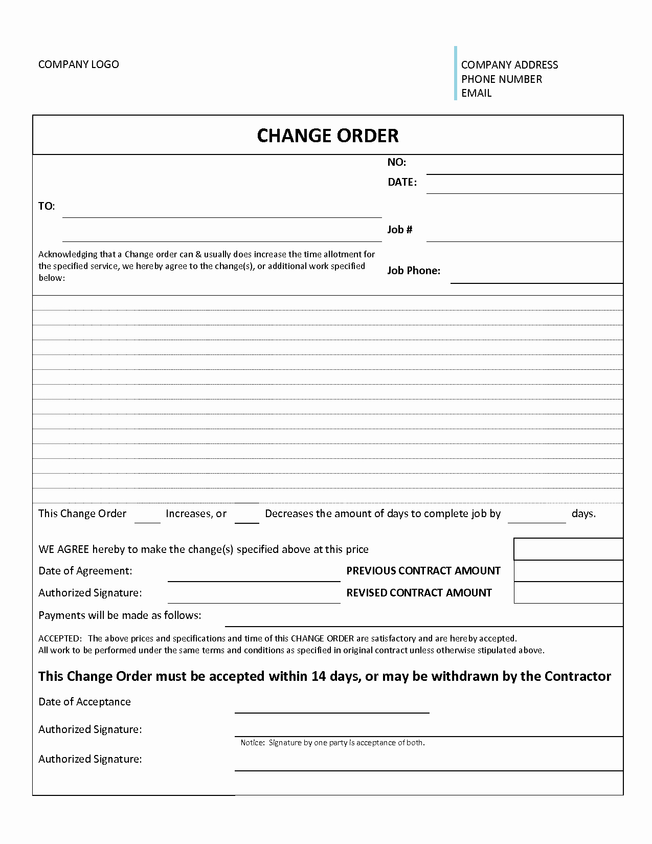 Construction Change order form Luxury Change order form