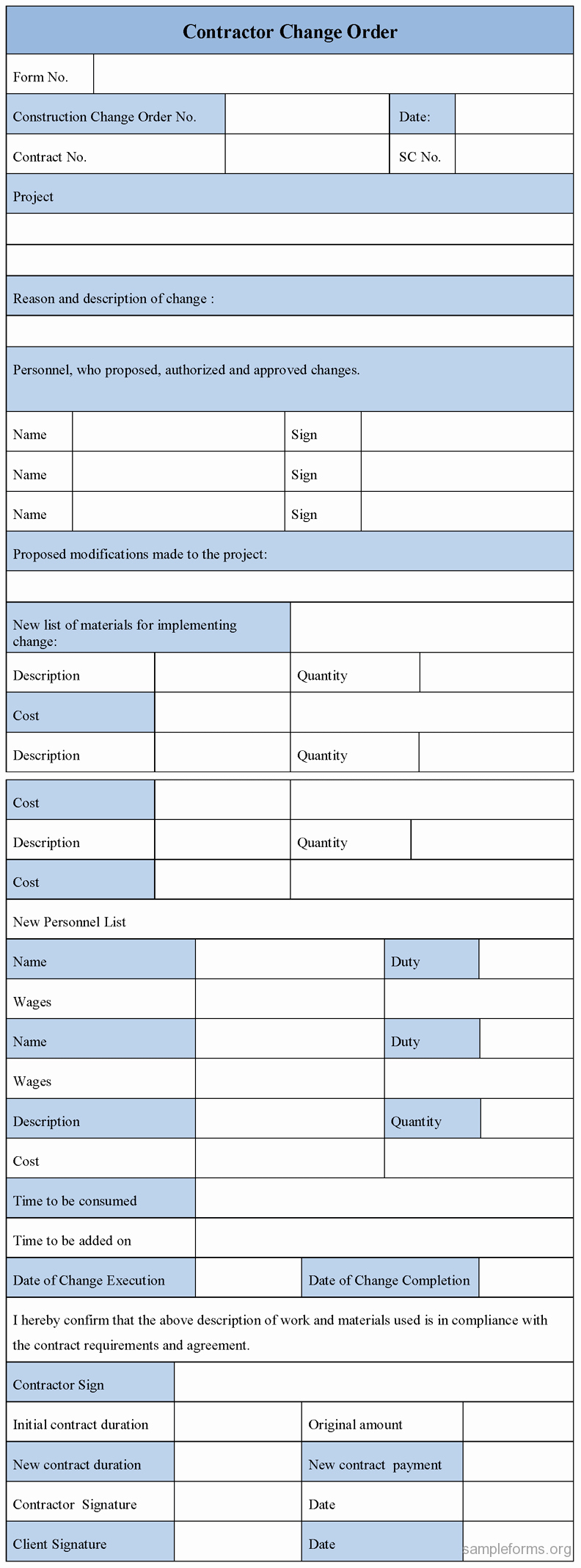 Construction Change order form Luxury Contractor Change order form Sample forms