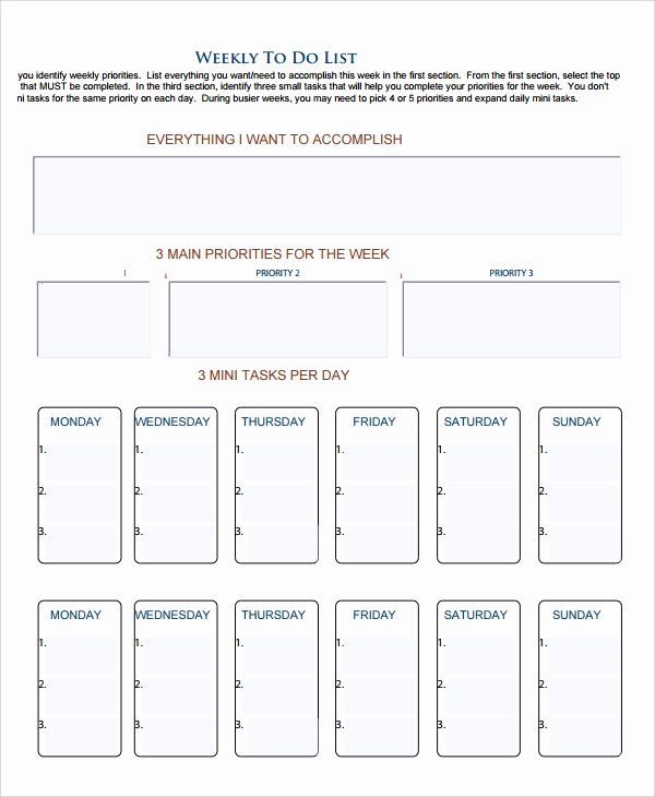 Daily to Do List Template Unique Sample Weekly to Do List Template 8 Free Documents