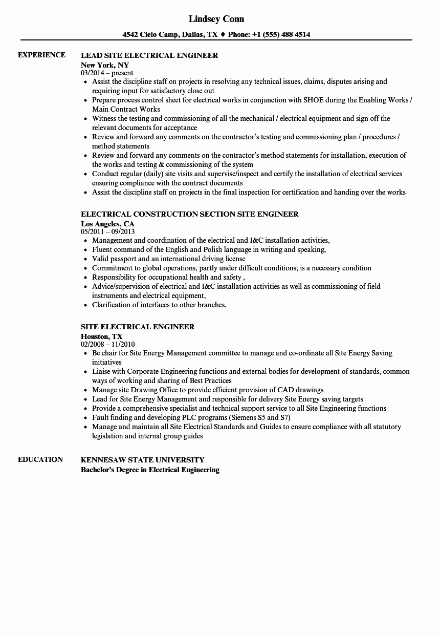 Electrical Engineer Resume Sample Unique Electrical Site Engineer Resume Samples