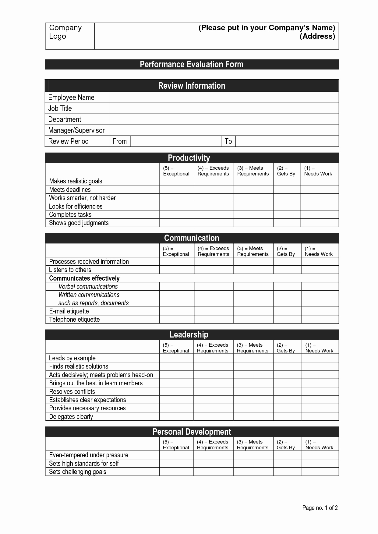 Employee Evaluation form Template Word New Job Performance Evaluation Frompo 1