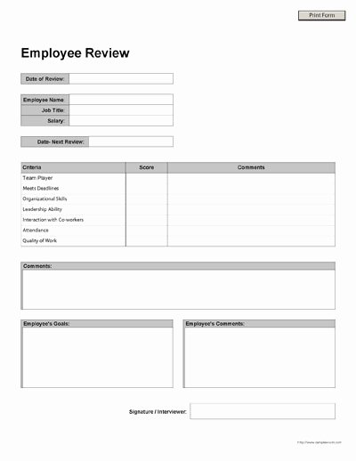 Employee Performance Evaluation format Fresh Free Printable Employee Review form