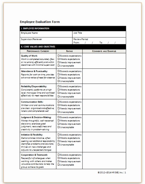 Employee Performance Evaluation format Inspirational This Sample Employee Evaluation form May Be Used when