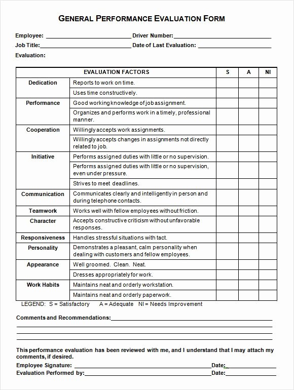 Employee Performance Evaluation format Luxury General Performance Evaluation form