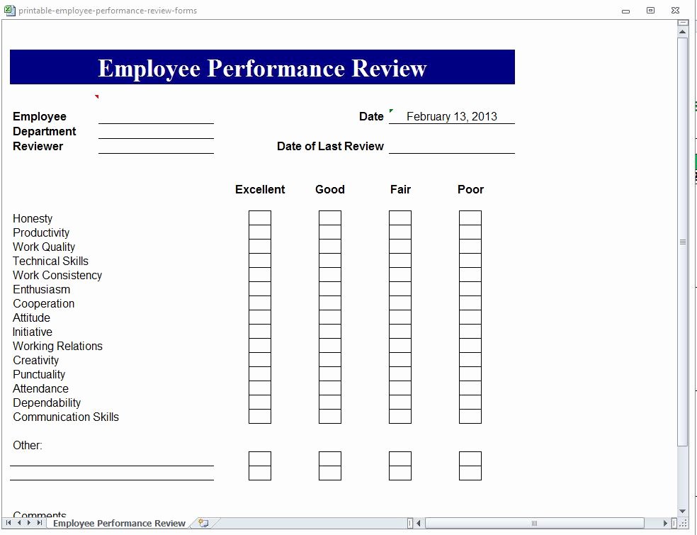 Employee Performance Evaluation format Unique Printable Employee Performance Review forms
