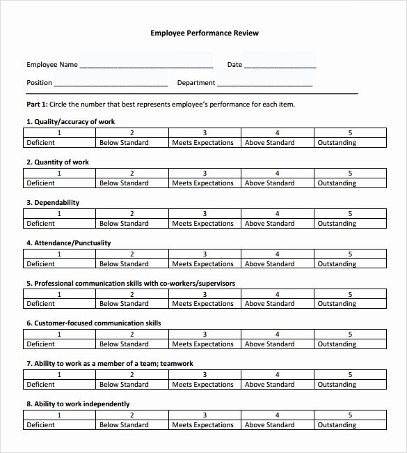 Employee Performance Evaluation format Unique Sample Employee Performance Review Template 8 Free