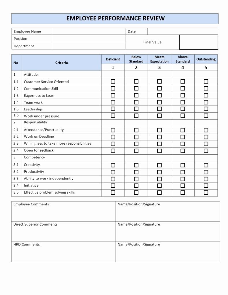 Employee Performance Evaluation Template Beautiful Employee Performance Review form