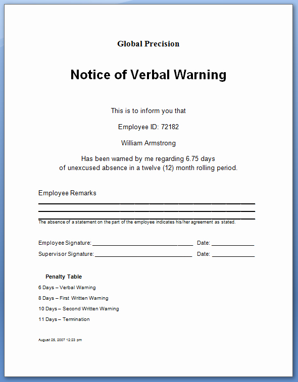 Employee Written Warning Template Free Unique Points and Warnings