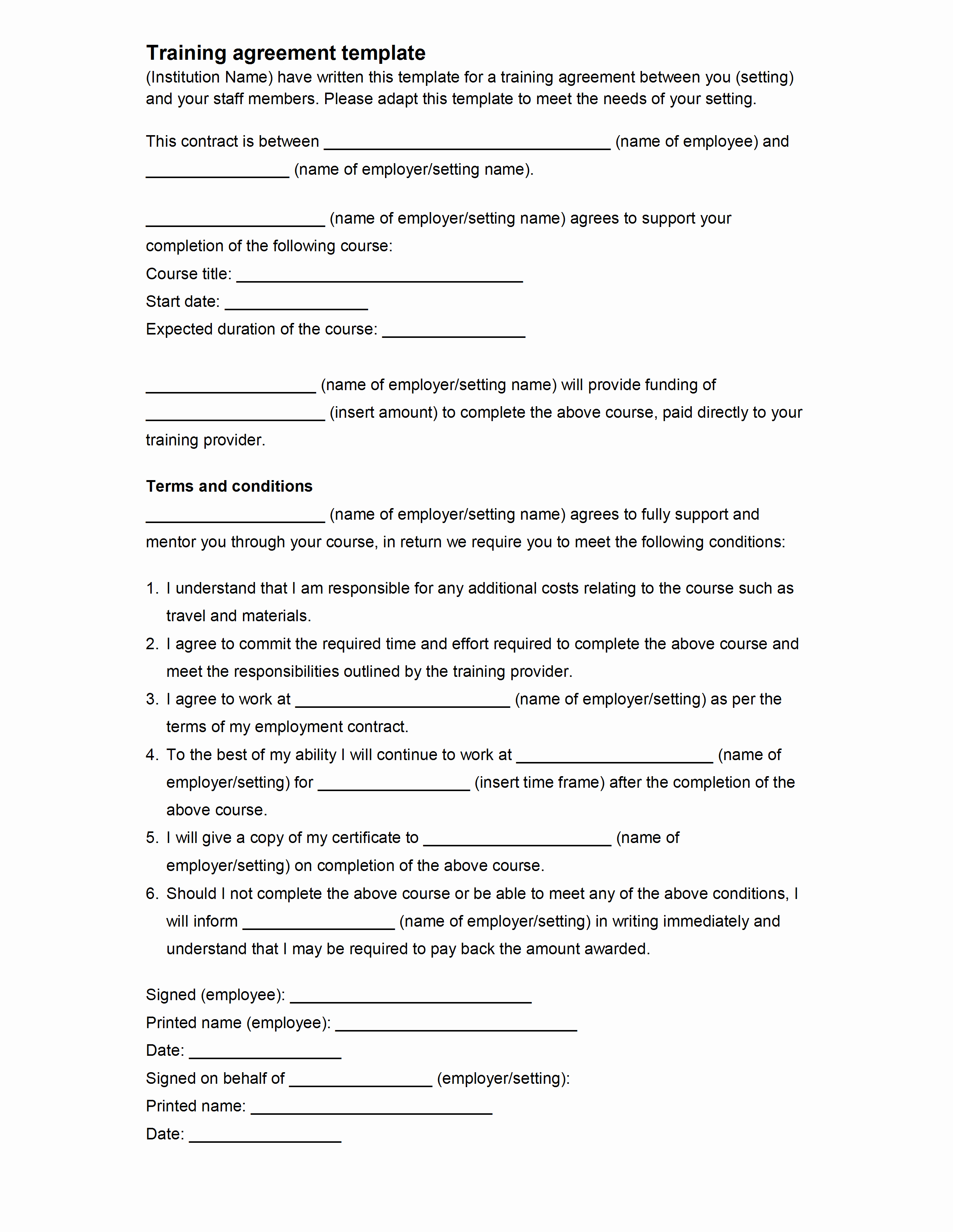 Employment Contract Template Word Inspirational Employee Training Agreement Template