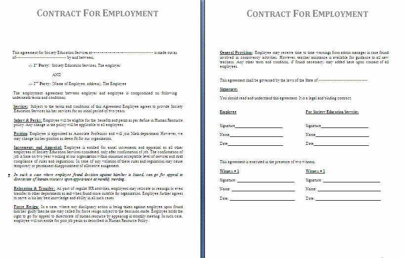 Employment Contract Template Word Luxury Employment Contract Example Free Printable Documents