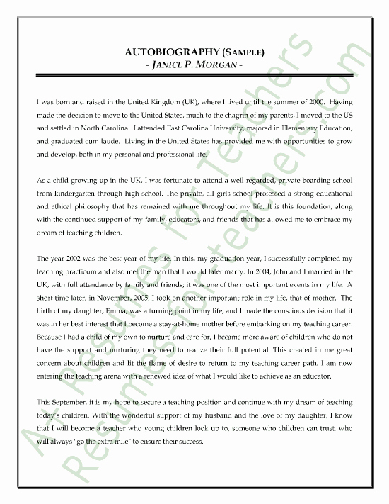 Example Of Autobiography About Yourself Elegant Teacher Autobiography Sample Fisher Prize
