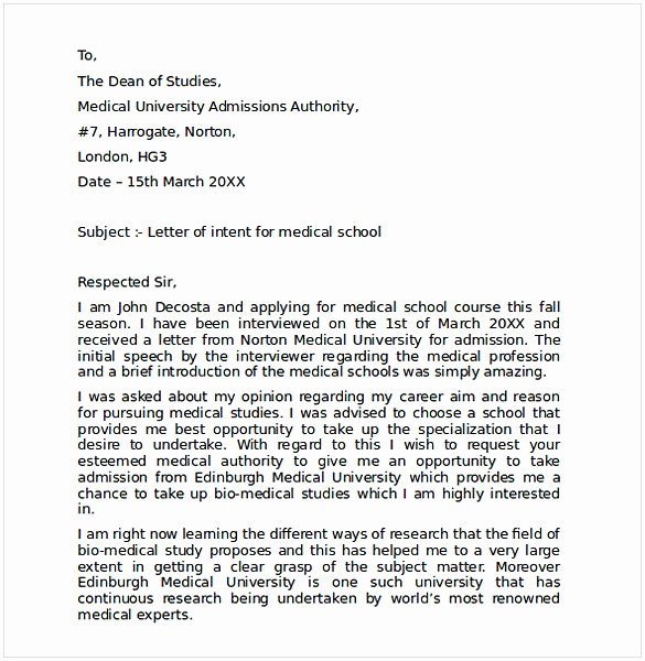 Examples Of Letter Of Intent Awesome Letter Of Intent Medical School