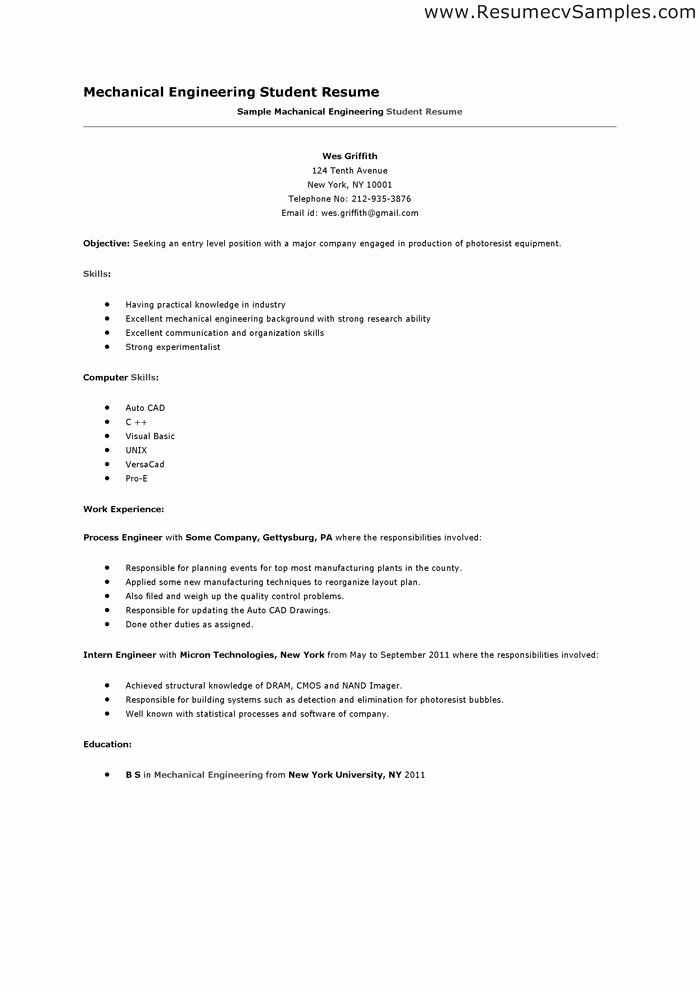 First Job Resume Template Lovely Mechanical Engineering Student Resume S
