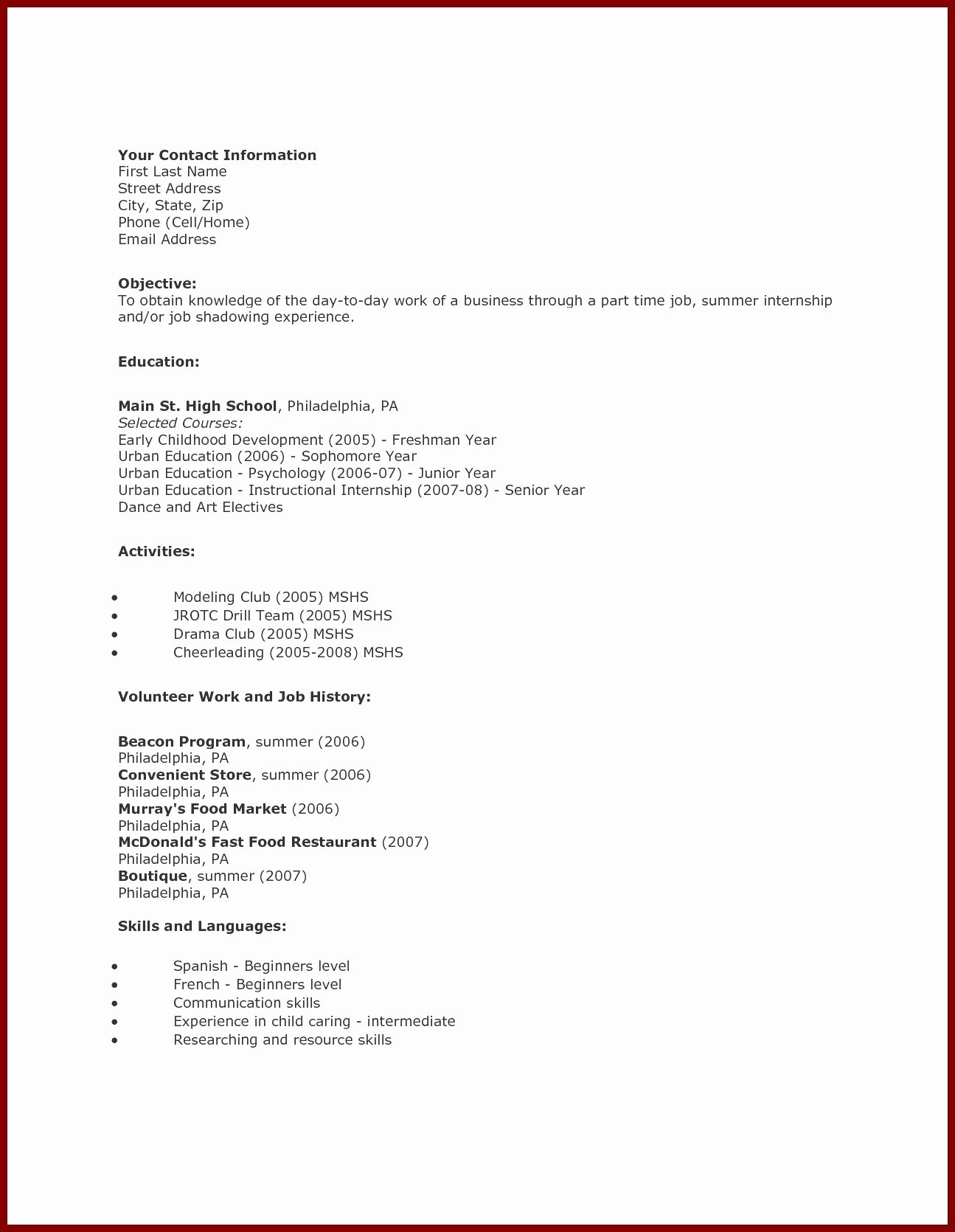 First Time Job Resume Awesome Resume for High School Students First Job