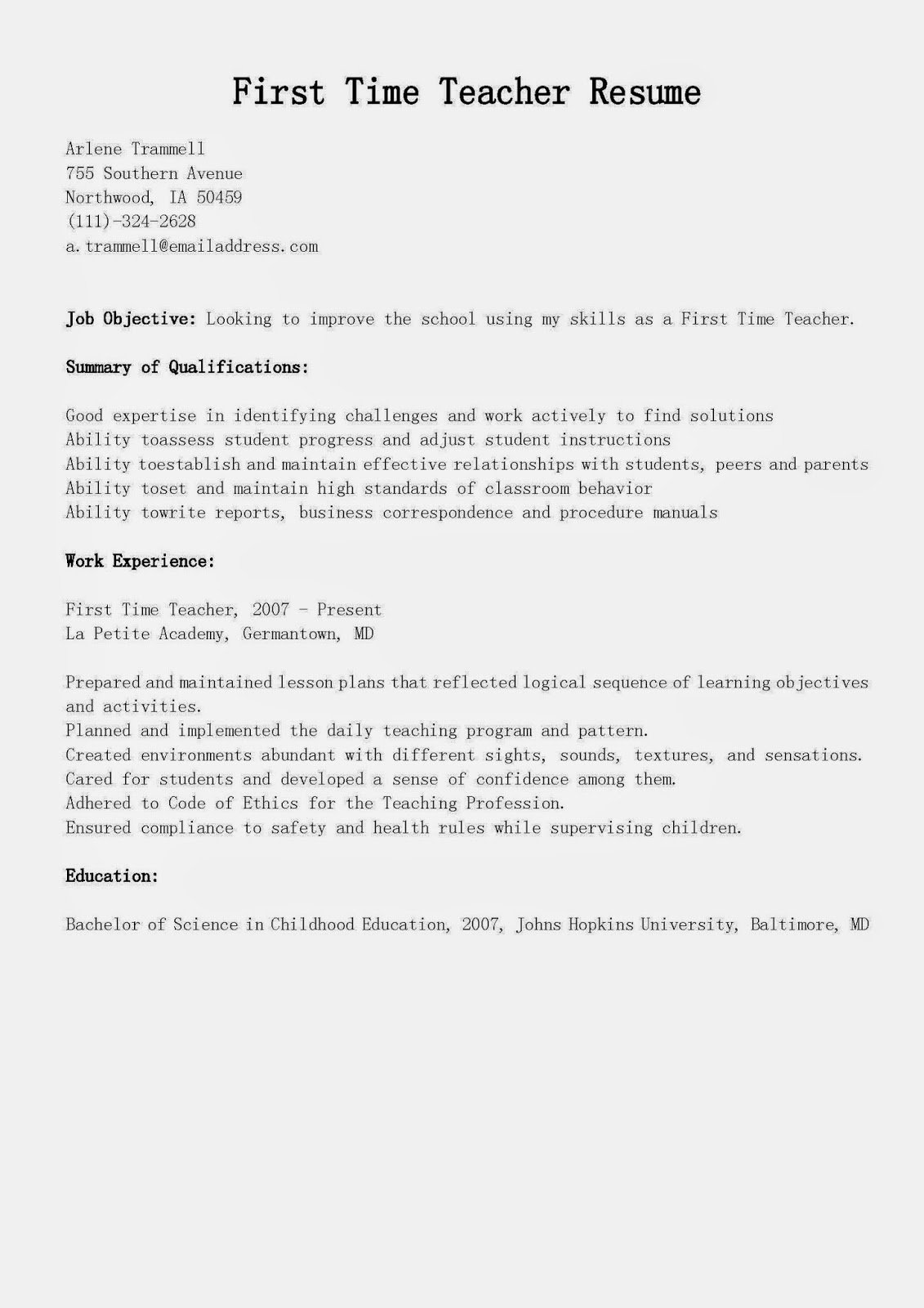First Time Job Resume Awesome Resume Samples First Time Teacher Resume Sample