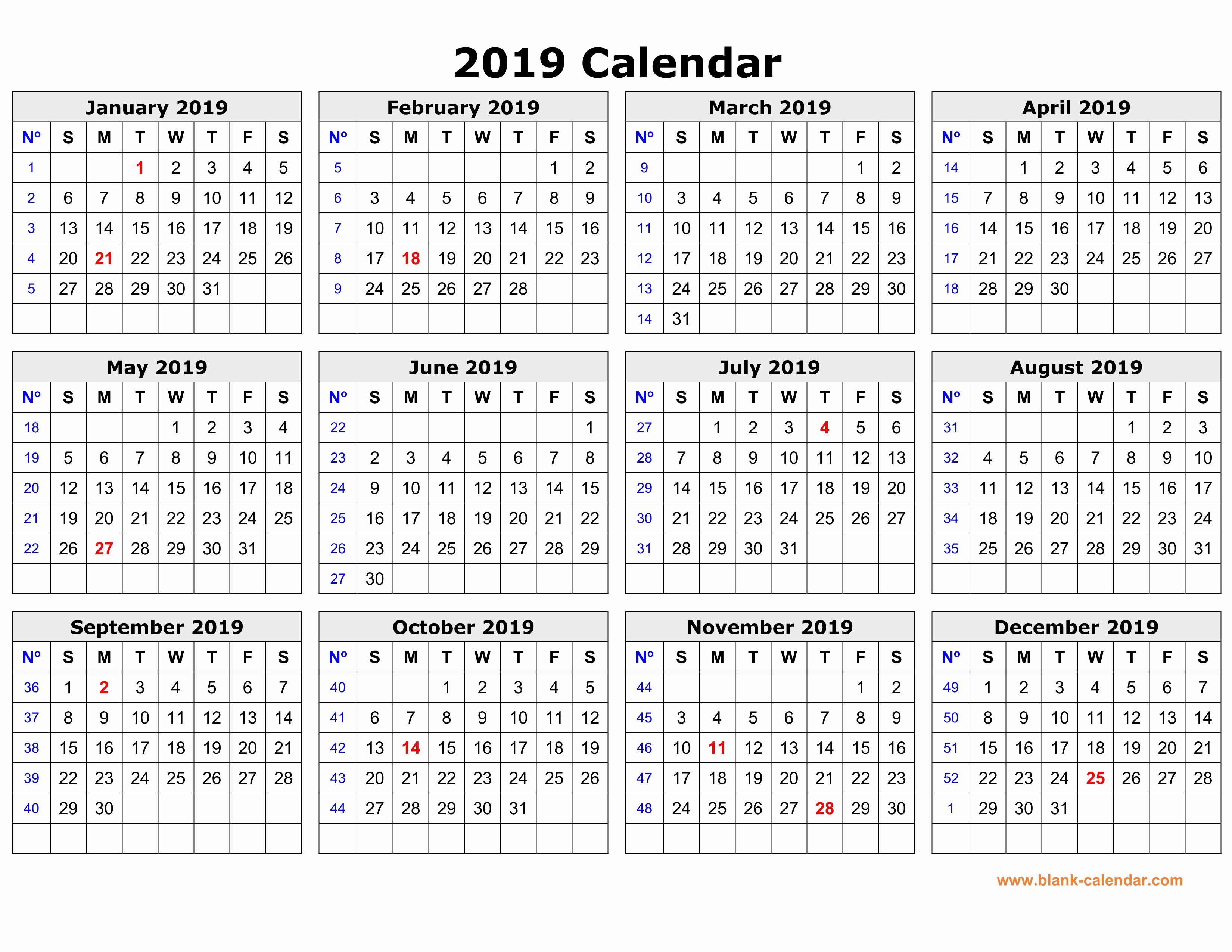 Free 2019 Calendar Template Awesome Free Download Printable Calendar 2019 In One Page Clean