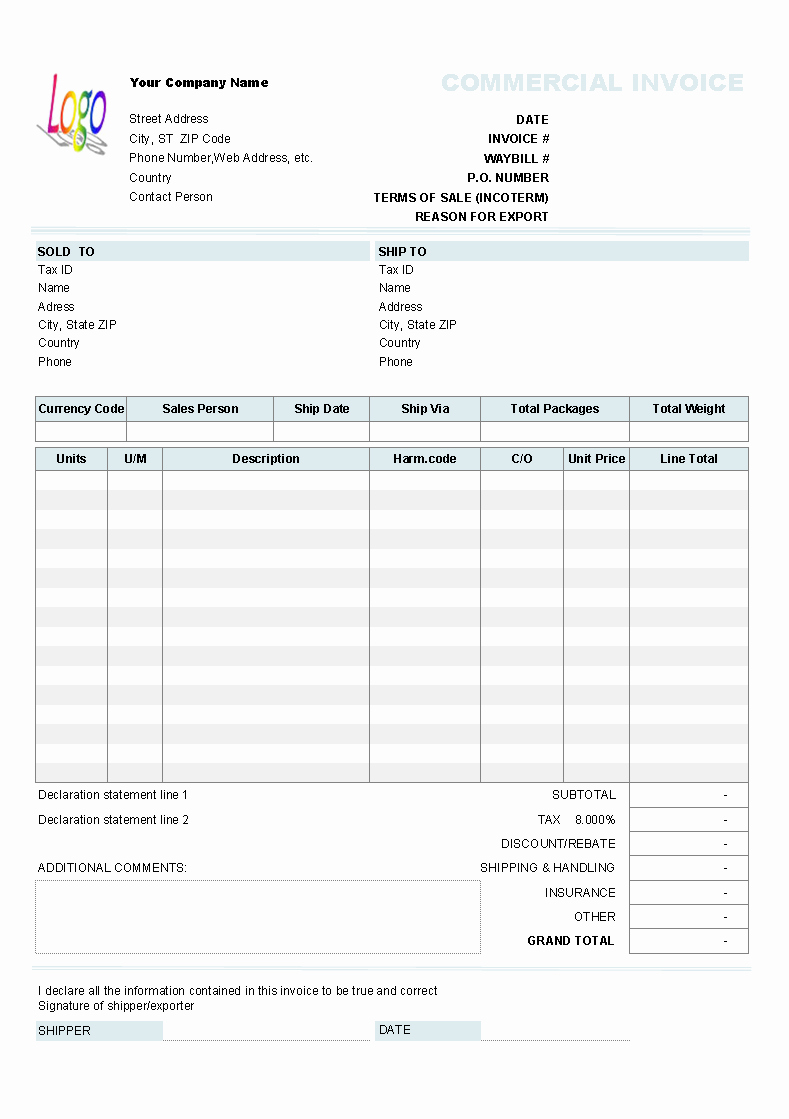 Free Excel Invoice Template Best Of Mercial Invoice Template Excel Free Download