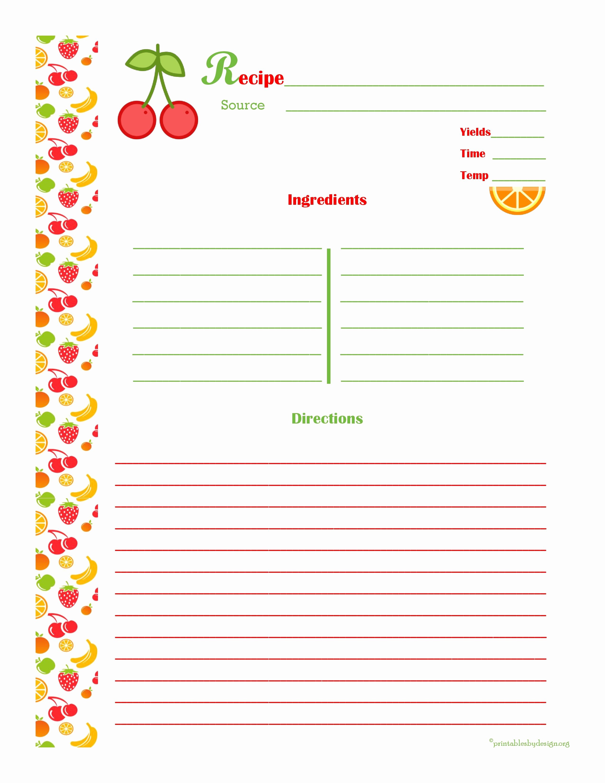 Free Printable Recipe Pages Best Of Cherry &amp; orange Recipe Card Full Page