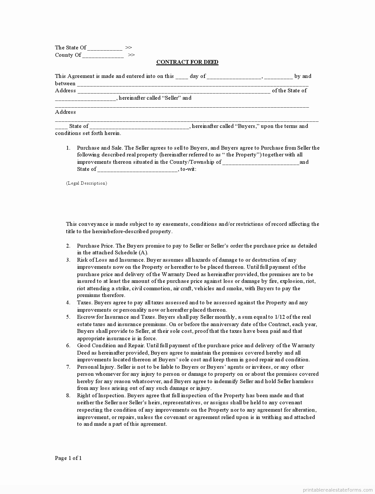 Free Real Estate Contract Unique Free Printable Contract for Deed form Basic Templates