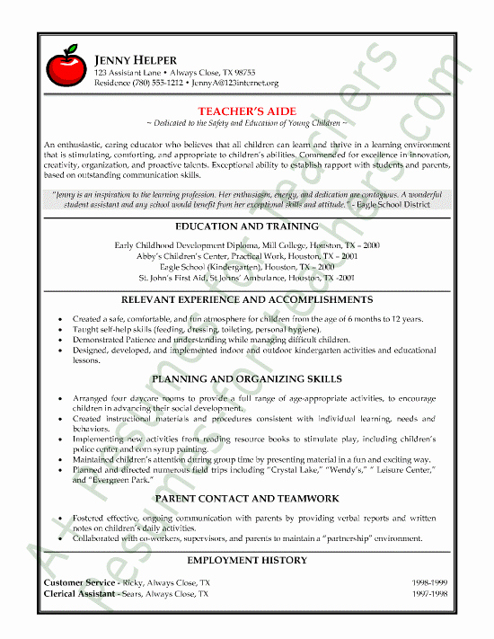 Free Sample Resume for Teachers Best Of Teacher S Aide or assistant Resume Sample or Cv Example