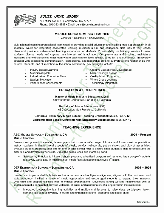 Free Sample Resume for Teachers Luxury Music Teacher Resume Sample