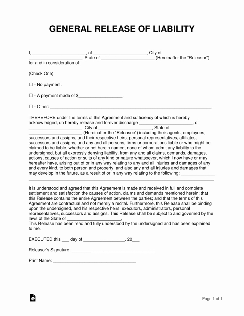 General Release form Template New Free Release Of Liability Hold Harmless Agreement