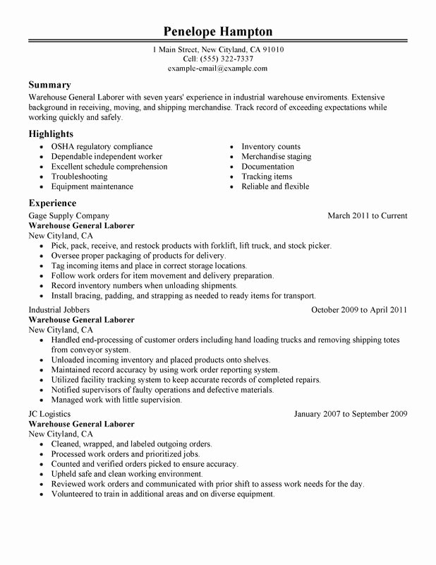 Generic Objective for Resume Elegant General Labor Resume Examples – Free to Try today