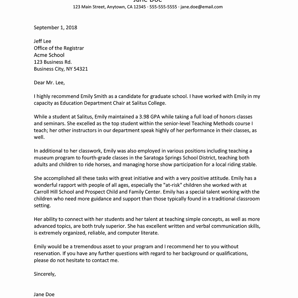 Grad School Letter Of Recommendation New Sample Reference Letter for Graduate School